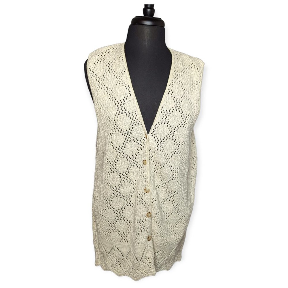Vintage In Charge Light Tan Crochet Sleeveless Cardigan Size Large Juniors